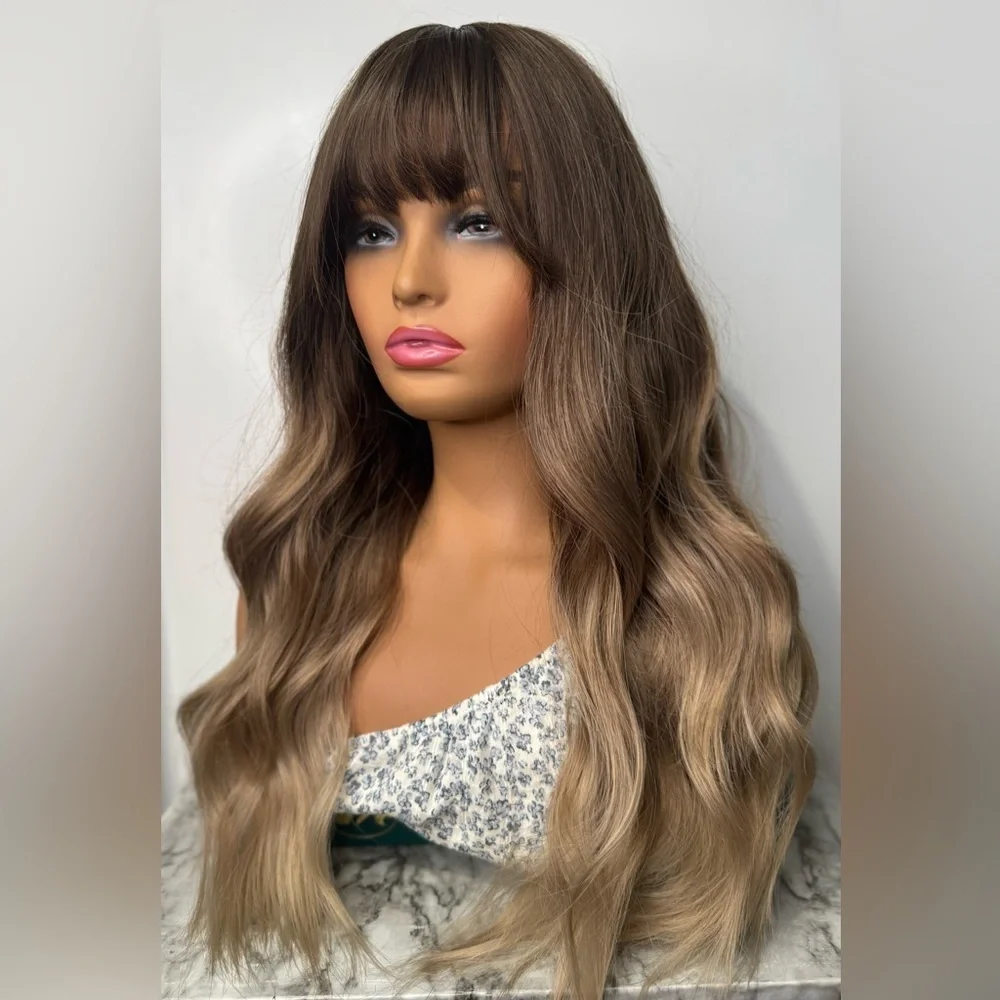 Long Ombre Balayage Wig w/ Bangs – Brown to Light ash Blonde Wavy Natural Look